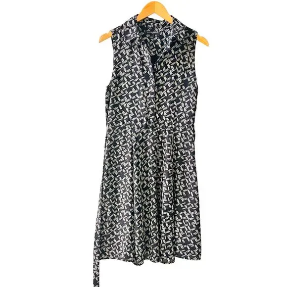 Banana Republic Grid Striped Sleeveless Half Button Up Belted Dress Size 8 Black - Picture 1 of 7